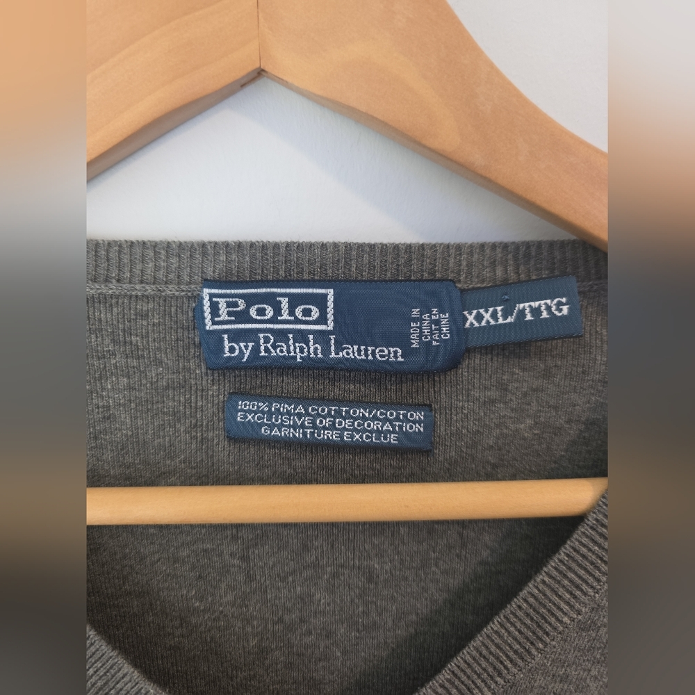Polo by Ralph Lauren Men's V-Neck Sweater - Gray with Navy Logo - Picture 3 of 9